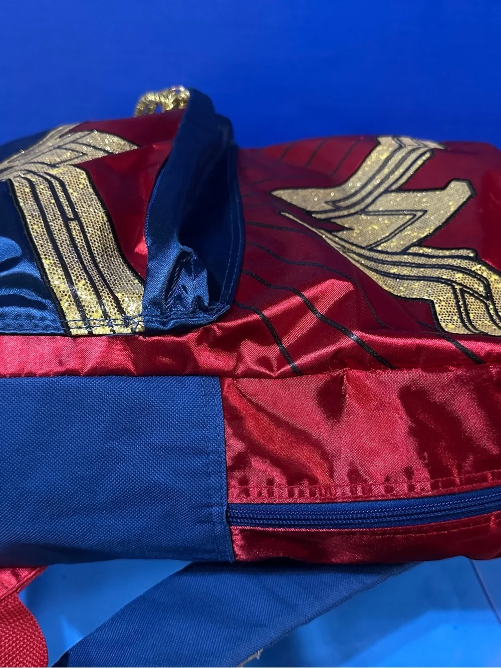 DC Comics Wonder Woman Super Hero Red & Blue Glitter Logo Backpack Adj Straps
